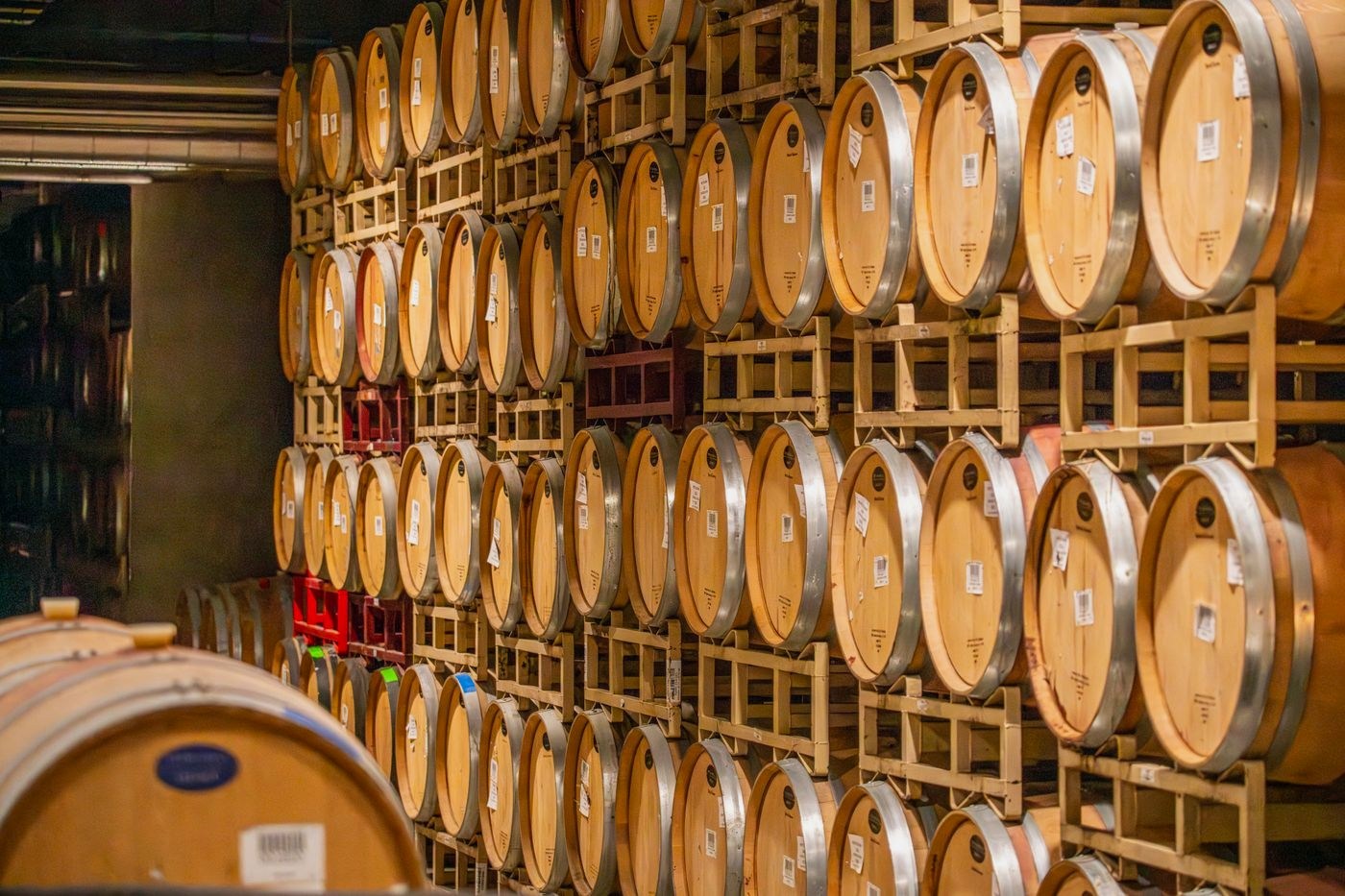 Oak casks maturing in a cask warehouse