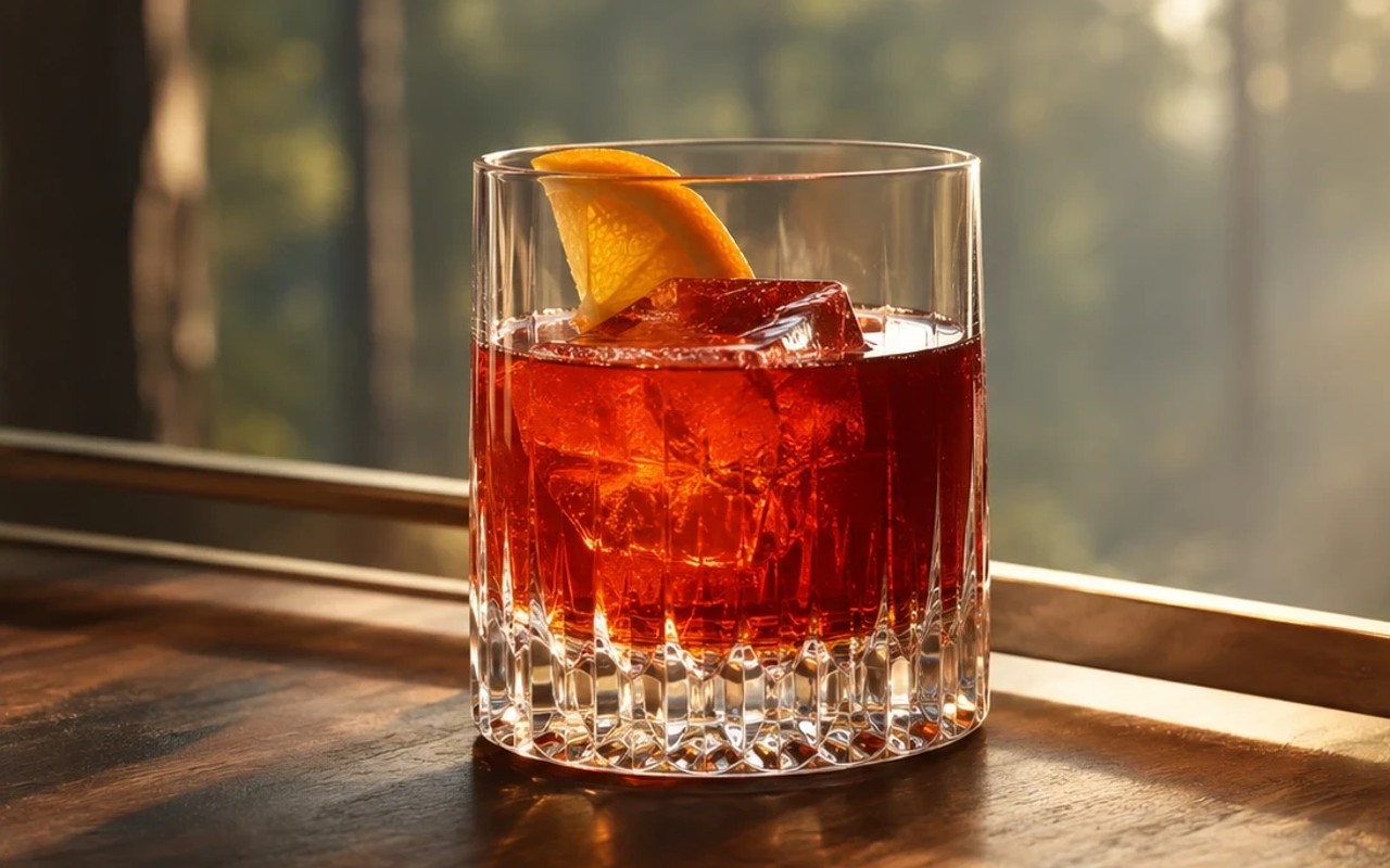 A negroni with an orange peel in a cut-crystal glass on a bar cart, sunlit forest beyond