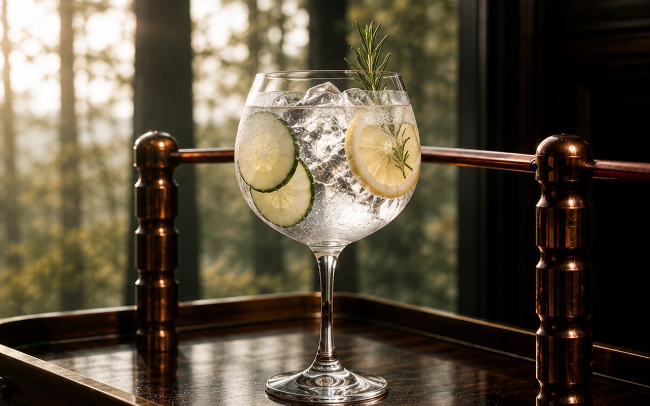 A copa gin and tonic with botanicals on a bar cart, sunlit forest beyond