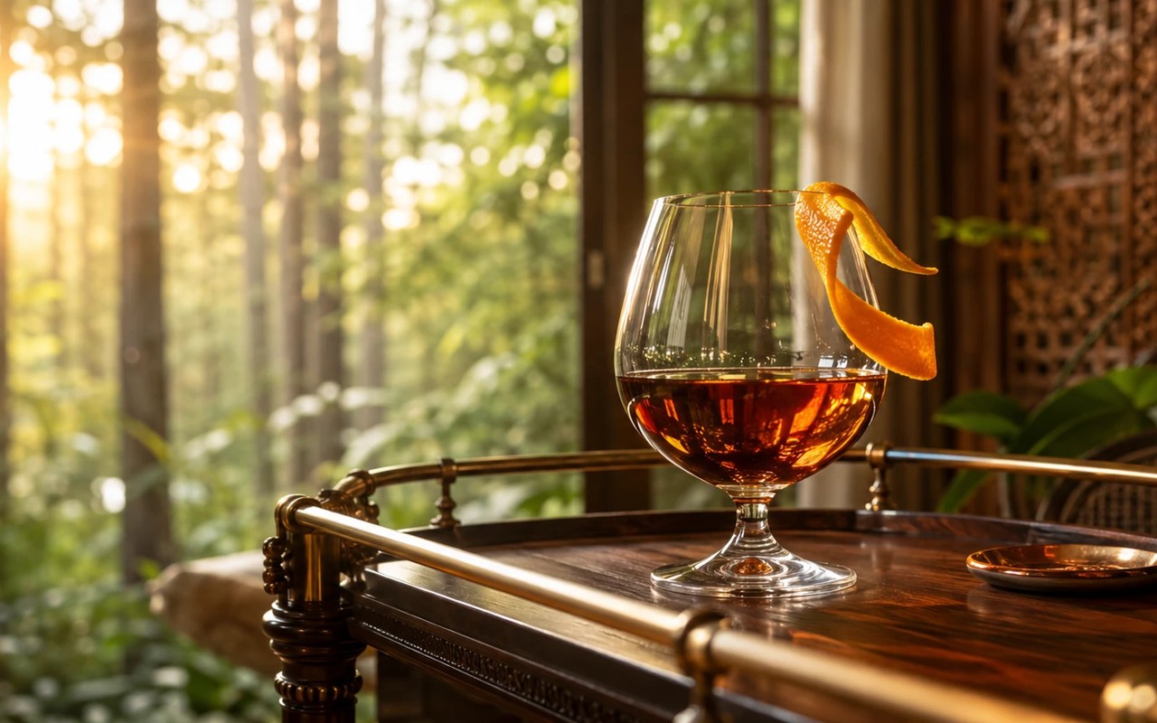 A snifter of aged rum with an orange twist on a bar cart, sunlit forest beyond