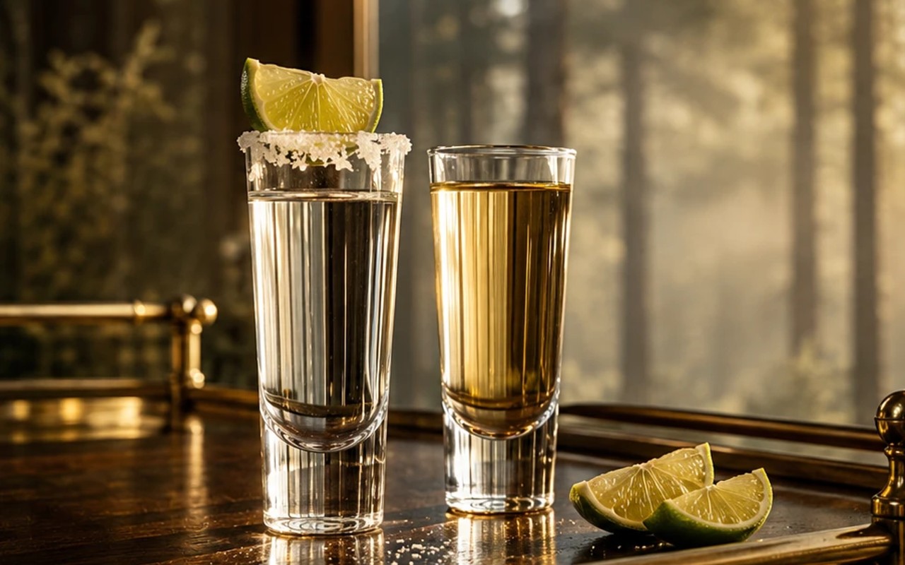 Caballito shot glasses of blanco and reposado tequila with lime and salt on a bar cart, sunlit forest beyond