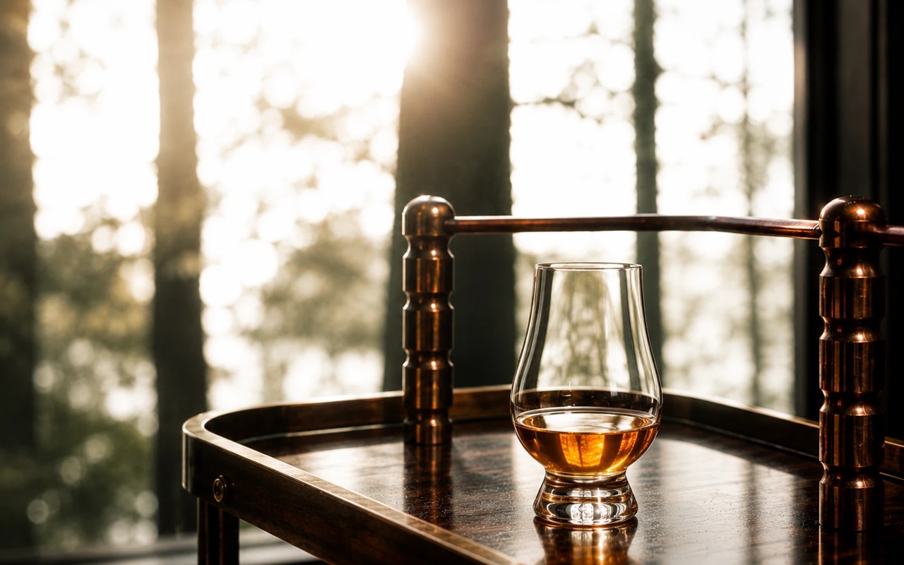 A Glencairn glass of single malt whisky on a bar cart, sunlit forest beyond