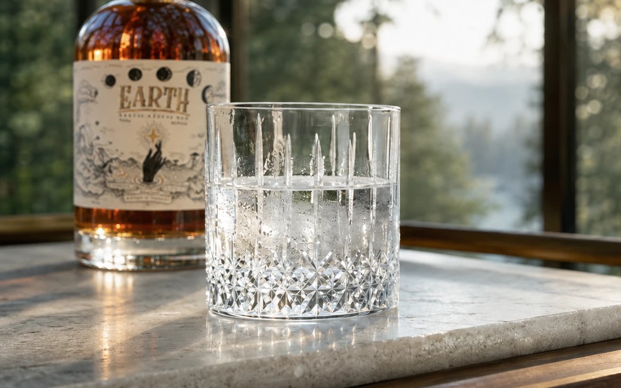 A crystal tumbler of chilled vodka with the EARTH bottle behind, on a bar cart, sunlit forest beyond